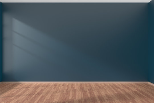 Dark blue empty room with parquet floor