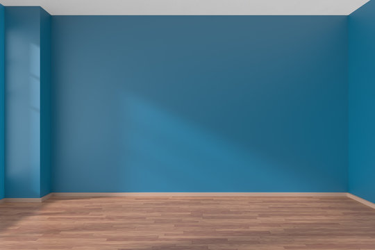 Blue empty room with parquet floor