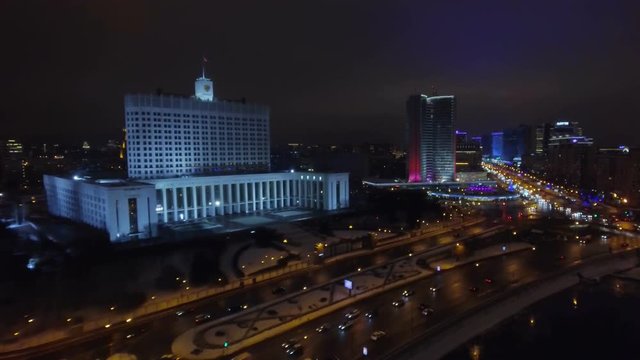 Moscow Aerial Christmas New Year Time Night  White House, River.