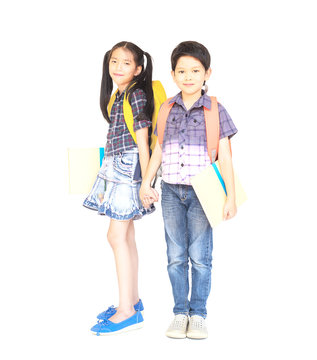Lovely Asian couple school kids, 7 and 10 years old, isolated over white