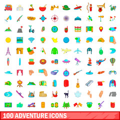 Fototapeta premium 100 adventure icons set, cartoon style
