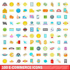 100 e-commerce icons set, cartoon style