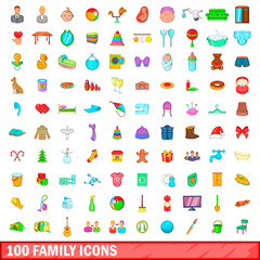 100 family icons set, cartoon style