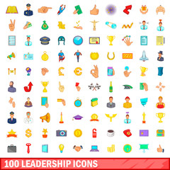 100 leadership icons set, cartoon style