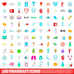 Fototapeta premium 100 pharmacy icons set, cartoon style
