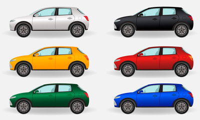 Realistic cars isolated on a white background. Set of six different colors vehicles.