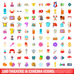 100 theatre and cinema icons set, cartoon style