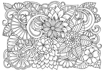 Fototapeta premium Doodle floral pattern in black and white. Page for coloring book
