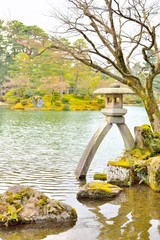 Famous stone lantern, Kotoji-toro, in Kenroku-en garden