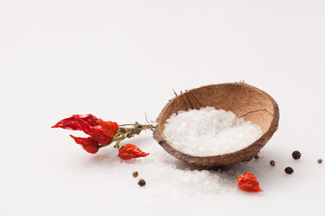 dry red pepper and the jar of salt on white background