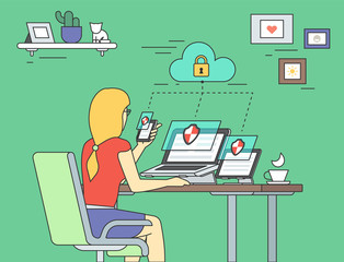Security for laptop, tablet and smartphone flat contour concept illustration of young woman holds smartphone and working with laptop and tablet pc. Desktop security and multiscreen data protection