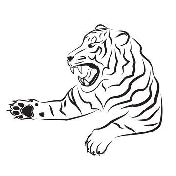 Illustration of angry tiger. Tribal art. Black tattoo. Silhouette of tiger head. Tiger black and white vector illustration. Isolated. Template and stencil for interior design.