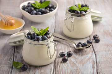 Natural homemade yogurt with blueberry and mint, selective focus