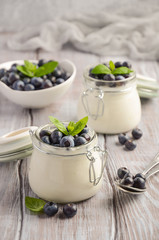Natural homemade yogurt with blueberry and mint, selective focus
