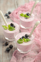 Homemade blueberry yogurt with blueberry and mint, selective focus