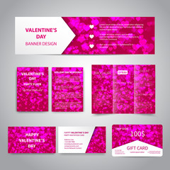 Valentine's Day banner, flyers, brochure, business cards, gift card design templates set with pink hearts on pink background. Corporate Identity set, advertising, promotion, party invitation printing