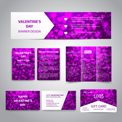 Fototapeta na wymiar Valentine's Day banner, flyers, brochure, business cards, gift card design templates set with pink hearts on purple background. Corporate Identity set, advertising, promotion, party printing