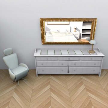 3d interior rendering of golden Baroque mirror, armchair and dresser