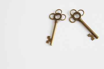 Two metal key on white background