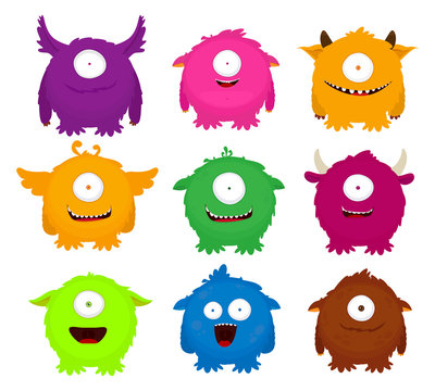 Set of colorful round fluffy cute monsters. Vector illustration. Flat design.