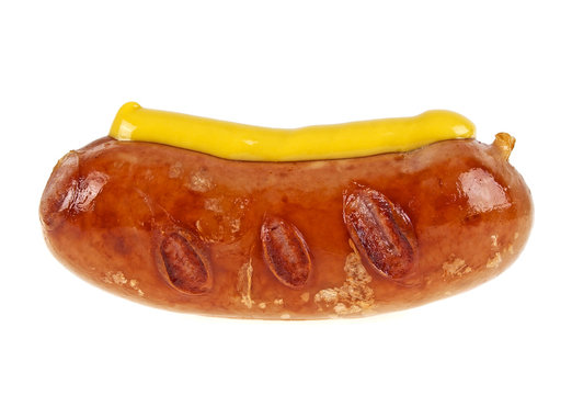 Grilled sausage and mustard isolated on a white background