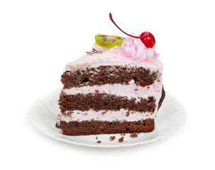 Two delicious pieces of chocolate cake with cherry cream and can