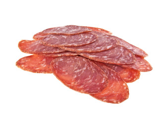 Sliced smoked sausage isolated on a white background