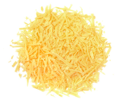 Heap of grated cheese isolated on a white background, close up,