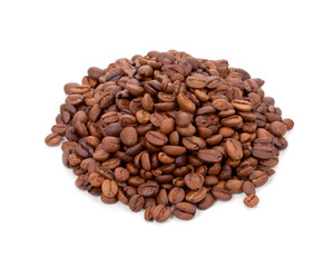 Roasted coffee beans pile from top, isolated on white background