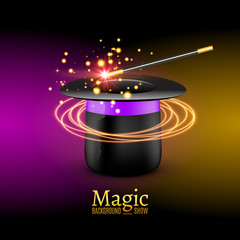 Magic Hat with Magic wand. Vector Magician perfomance. Wizzard show background