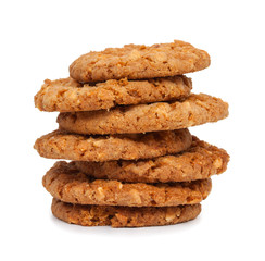 A pile of oats cookies isolated on a white background. Close-up.