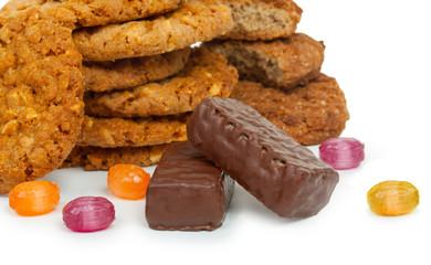Oatmeal cookies with peanuts, chocolate candies and caramel cand
