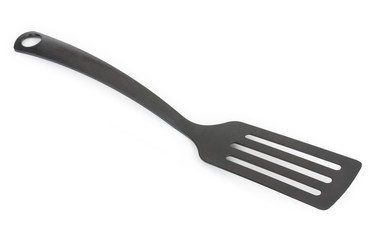 Black plastic kitchen spatula isolated on white background