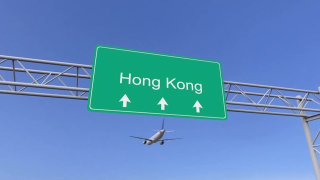 Twin engine commercial airplane arriving to Hong Kong airport. Travelling to China conceptual 4K animation