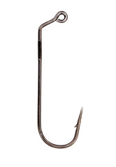 Fishing hook isolated on white background, top view, close up.