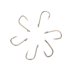 Fishing hooks isolated on white top view close up