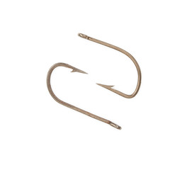 Fishing hooks isolated on white top view close up