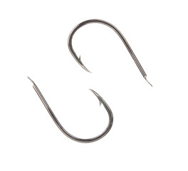 Fishing hooks isolated on white top view close up