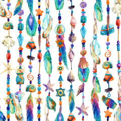 Watercolor colorful chains with sea shells, beads, feathers seamless pattern.