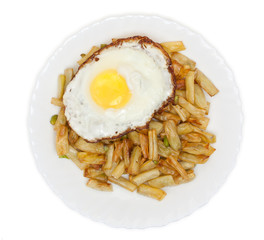 Slices of fried green beans with a fried egg on a plate isolated