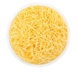 Pasta noodles in round plate isolated on a white close up top vi