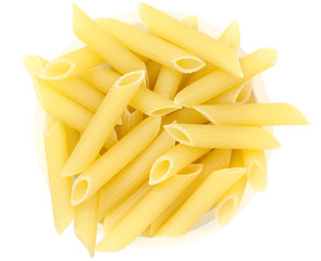 Pasta noodles in round plate isolated on a white close up top vi