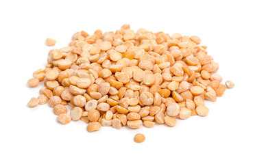 Heap of yellow dried peas isolated on white background