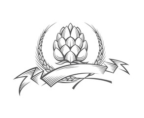 black illustration of hop and barley ear for brewing