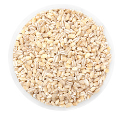 Heap of millet, bulrush groats in round plate isolated on white.