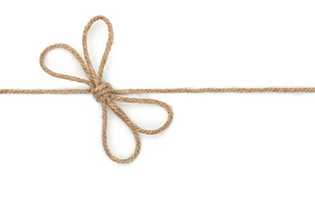 Rope with bowknot, isolated on white background, close-up.