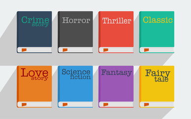 Set of fiction genre icons romance, fairytale, detective, adventure, science fiction, horror.