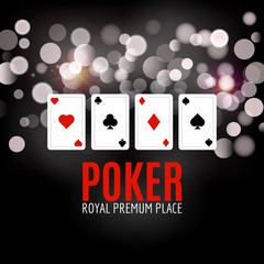 Shining Casino Poker Banner Poster. Show spotlight Poker design with playing cards. Casino poster