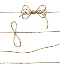Rope with knot, with knot and bowknot, isolated on white.