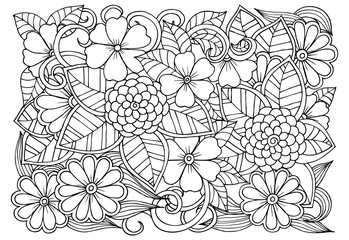 Doodle floral pattern in black and white. Page for coloring book